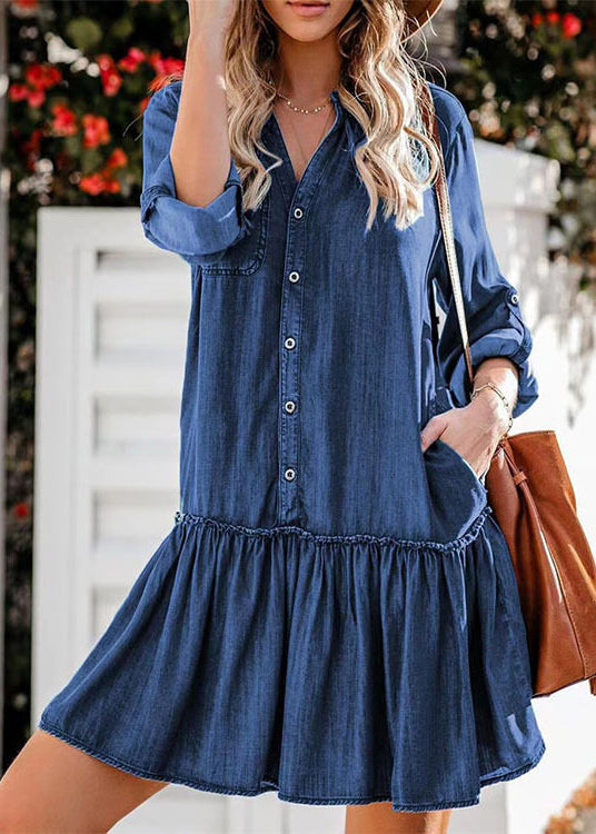 Women's Denim Tea Dress Stand Collar Ruffled 2