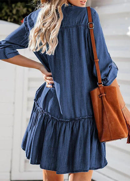 Women's Denim Tea Dress Stand Collar Ruffled 3