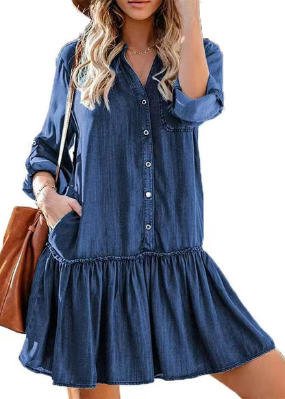 Women's Denim Tea Dress Stand Collar Ruffled 4