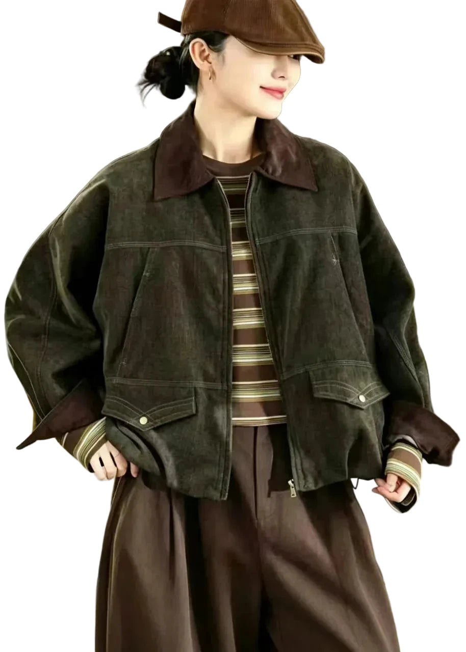 Women's Double Layer Jacket Vintage Style with Turn-Down Collar and Drawstring 0