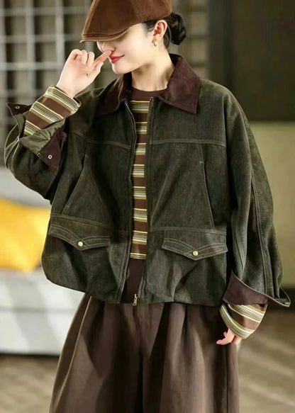 Women's Double Layer Jacket Vintage Style with Turn-Down Collar and Drawstring 1