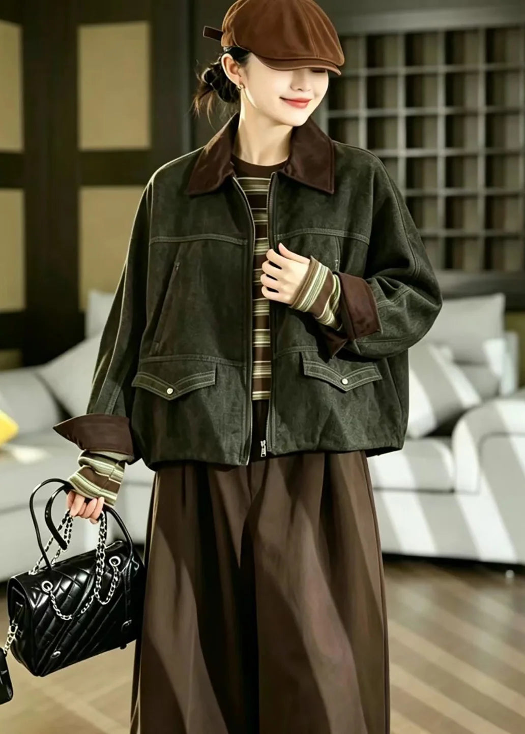 Women's Double Layer Jacket Vintage Style with Turn-Down Collar and Drawstring 2