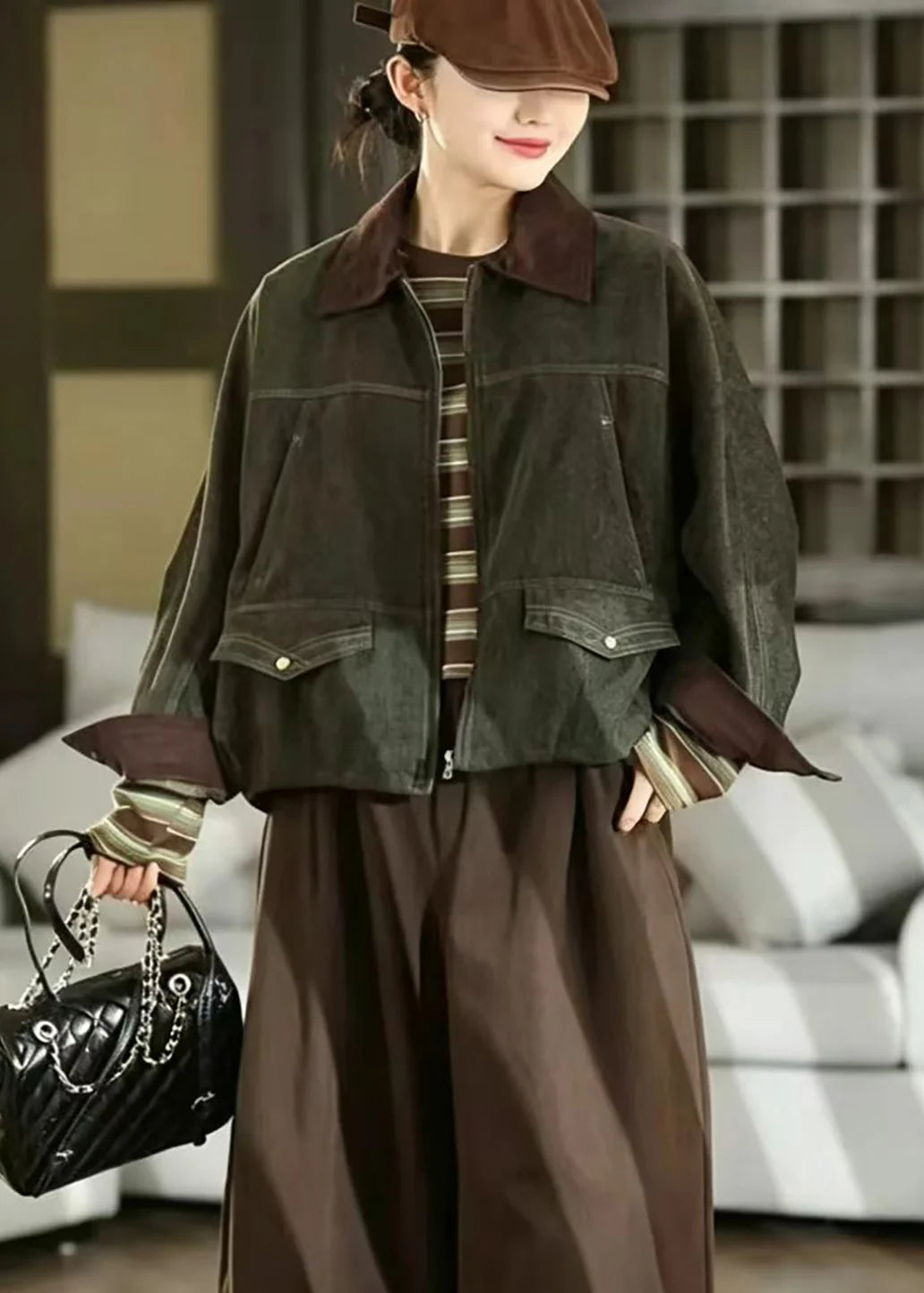 Women's Double Layer Jacket Vintage Style with Turn-Down Collar and Drawstring 3