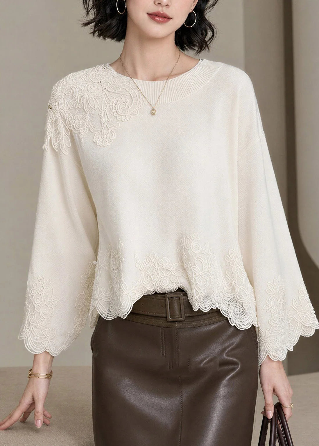Women's Embroidered Lace Patchwork Top Fall Style 1
