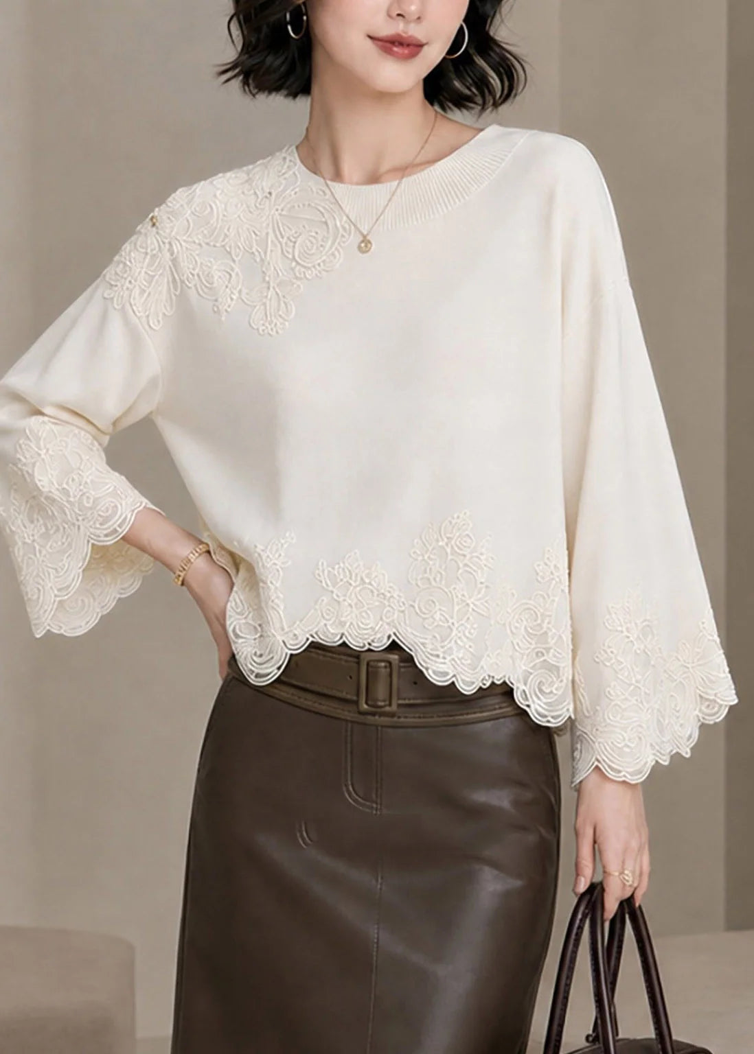 Women's Embroidered Lace Patchwork Top Fall Style 3