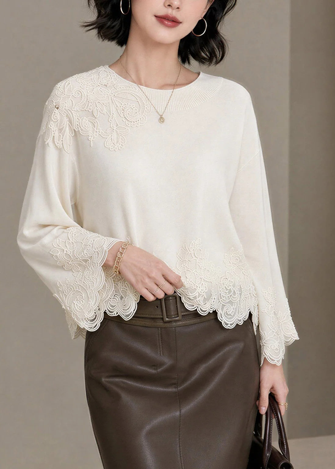 Women's Embroidered Lace Patchwork Top Fall Style 4