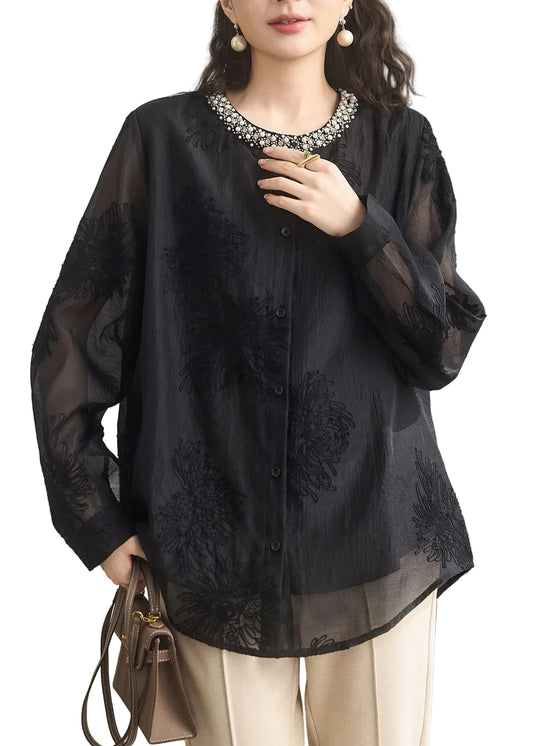 Women's Embroidered O-Neck Shirt with Bead Detail 0