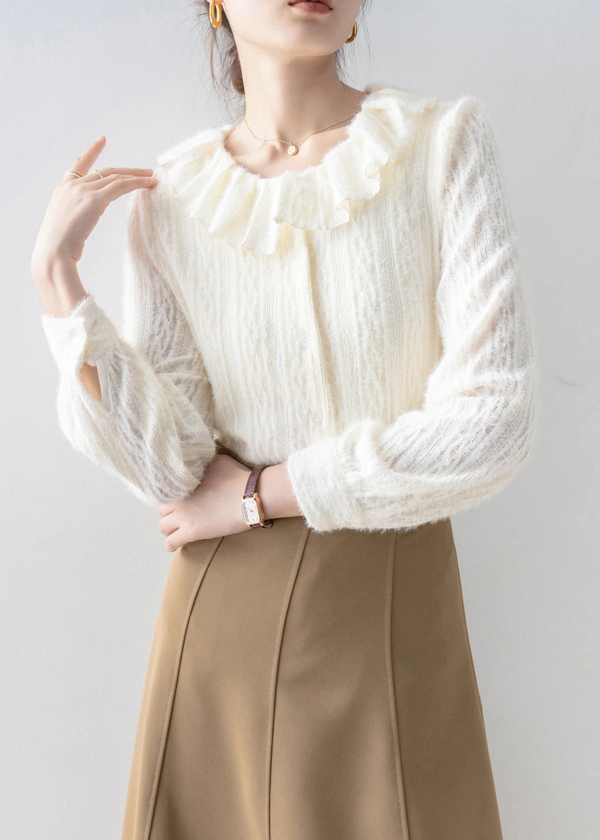 Women's Fleece Shirt with Peter Pan Collar and Lace Detail 1