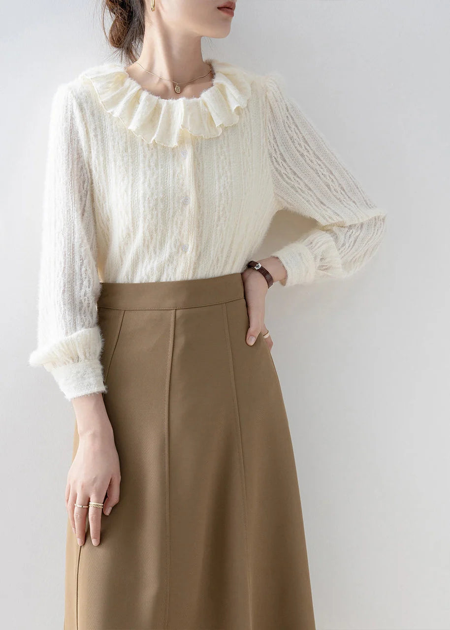 Women's Fleece Shirt with Peter Pan Collar and Lace Detail 4