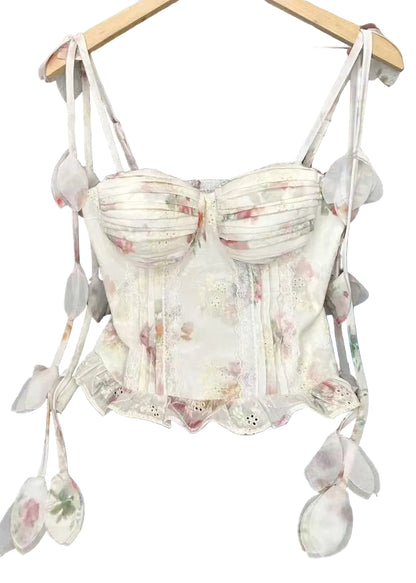 Women's Floral Print Spaghetti Strap Top Wrinkled Style 0