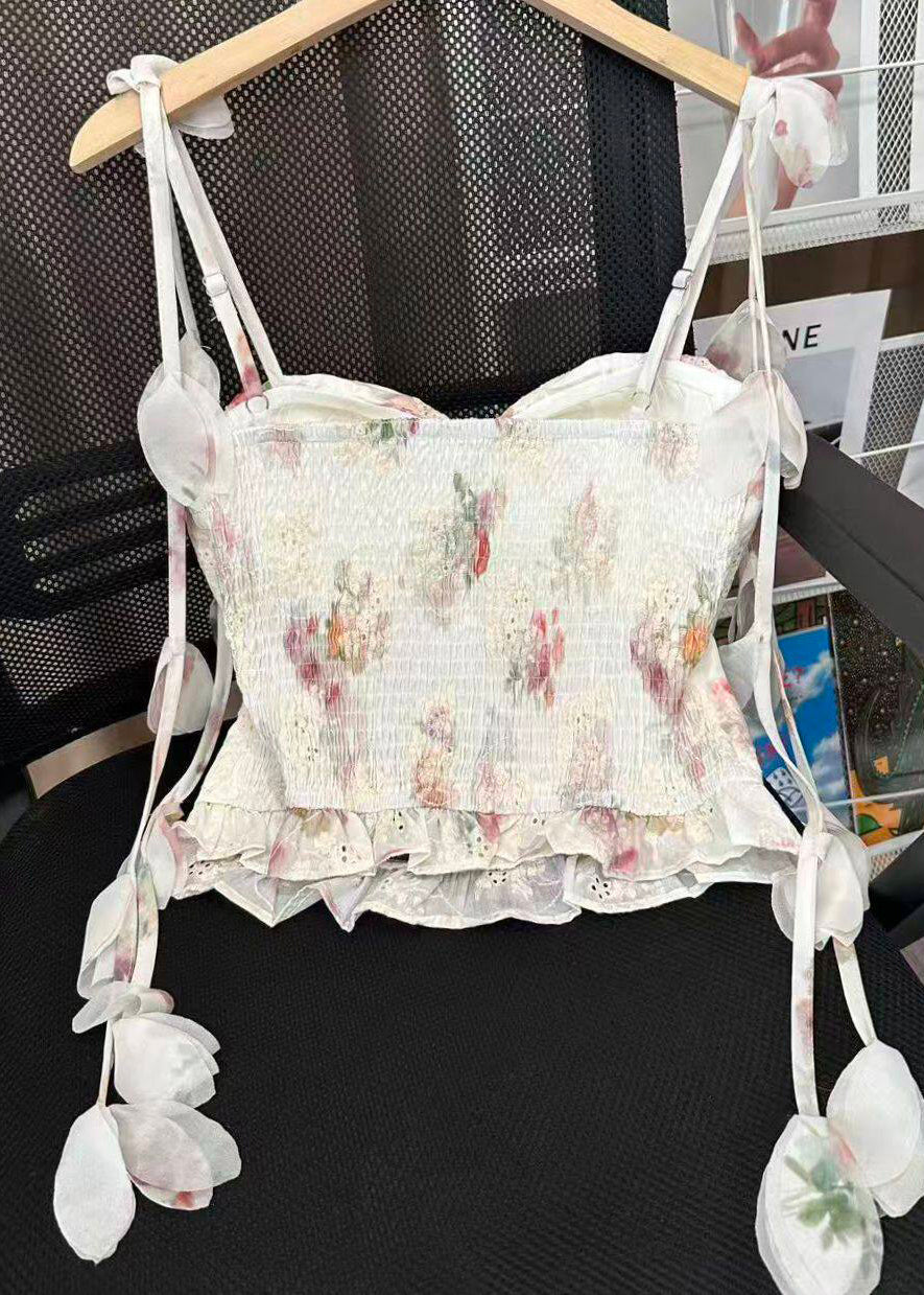 Women's Floral Print Spaghetti Strap Top Wrinkled Style 1