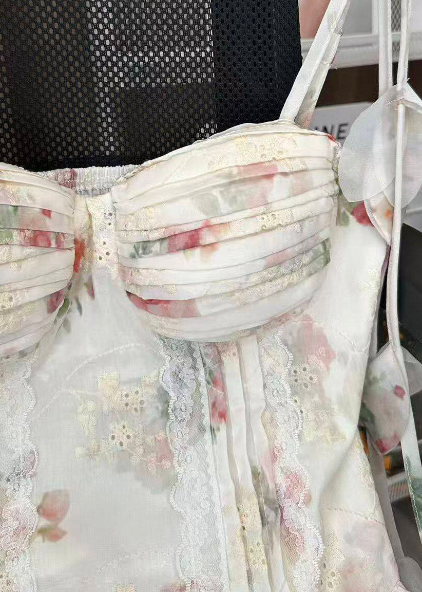 Women's Floral Print Spaghetti Strap Top Wrinkled Style 2