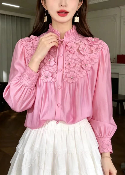 Women's Floral Shirt Stand Collar Ruffled Lace-Up 1