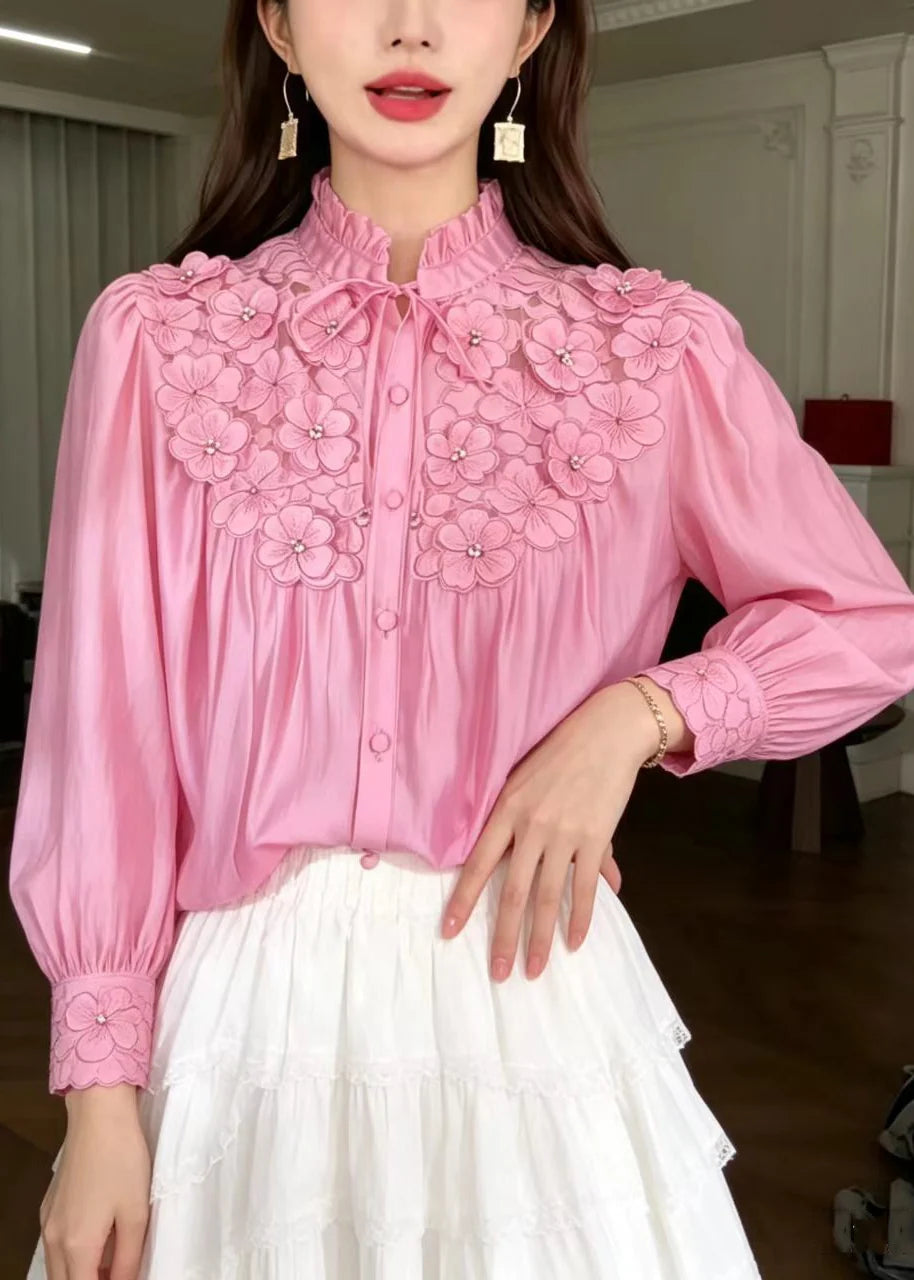 Women's Floral Shirt Stand Collar Ruffled Lace-Up 2