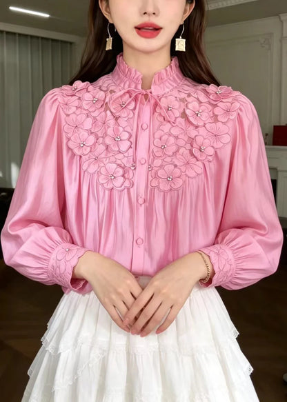 Women's Floral Shirt Stand Collar Ruffled Lace-Up 3