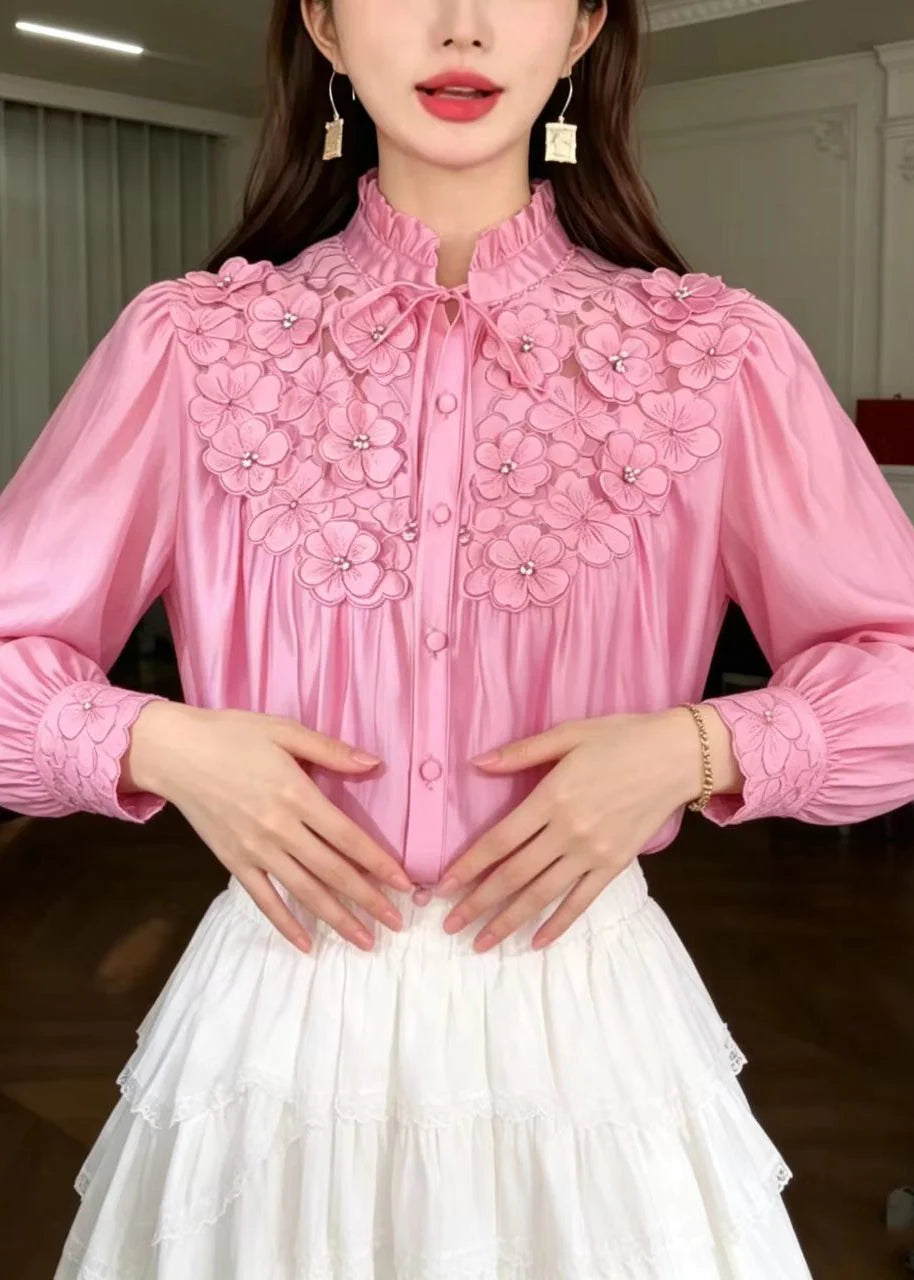 Women's Floral Shirt Stand Collar Ruffled Lace-Up 4