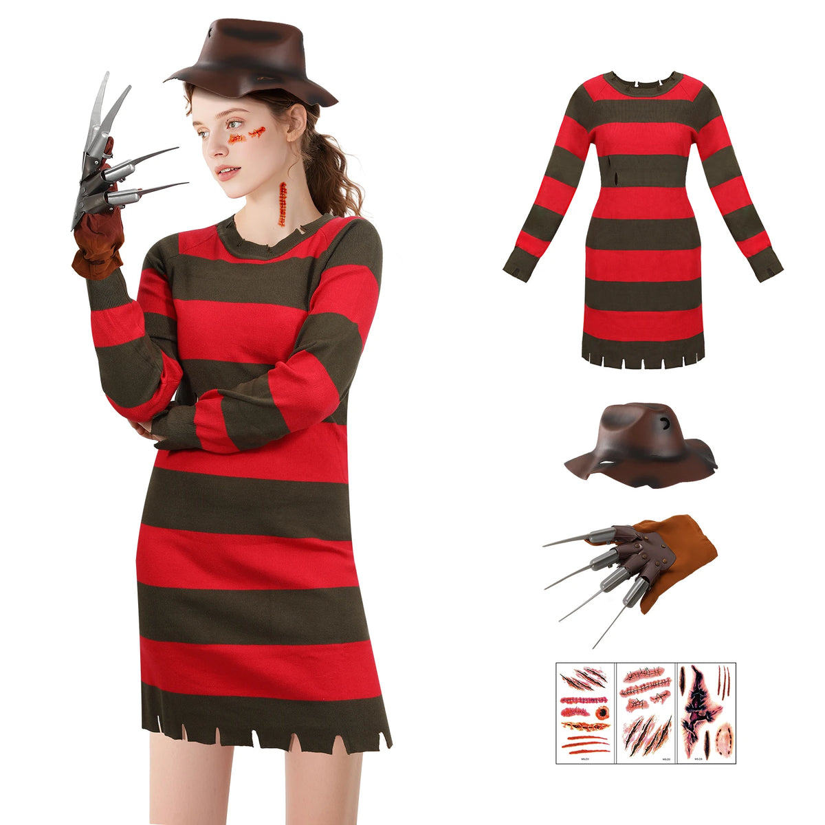 Women's Freddy Krueger Costume Knitted Dress Set 0
