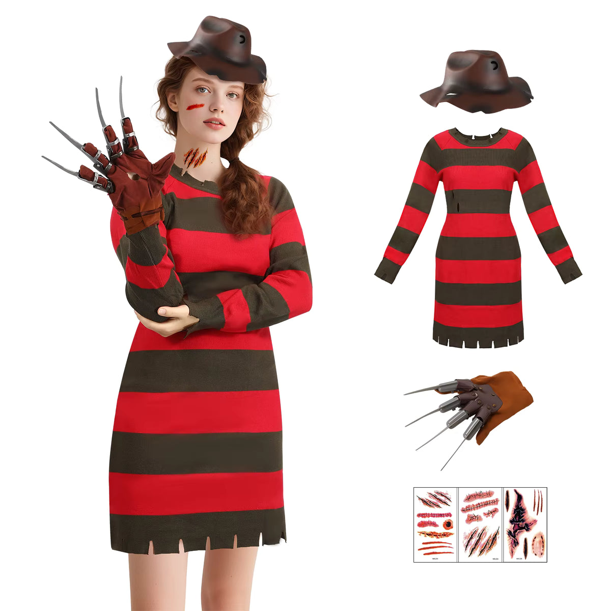 Women's Freddy Krueger Costume Set Knitted Dress and Accessories 0