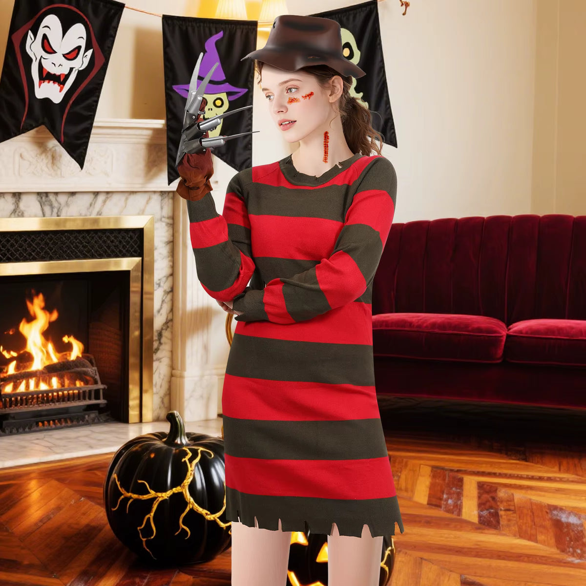 Women's Freddy Krueger Costume Set Knitted Dress and Accessories 2