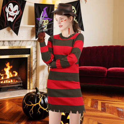 Women's Freddy Krueger Costume Set Knitted Dress and Accessories 2
