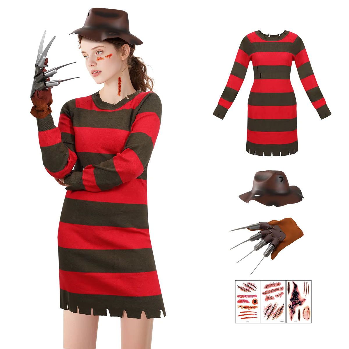 Women's Freddy Krueger Costume Set Knitted Dress and Accessories 6