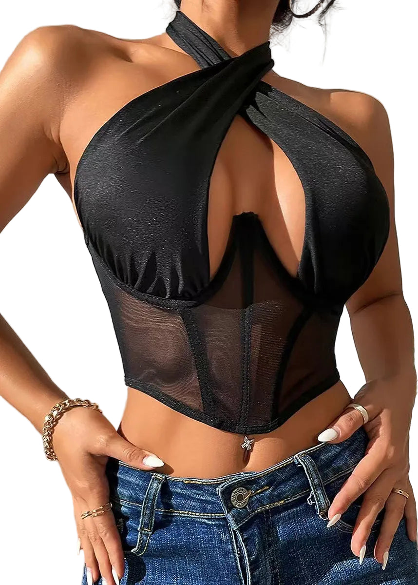 Women's Going Out Top Halter Cut Out Patchwork Design 0
