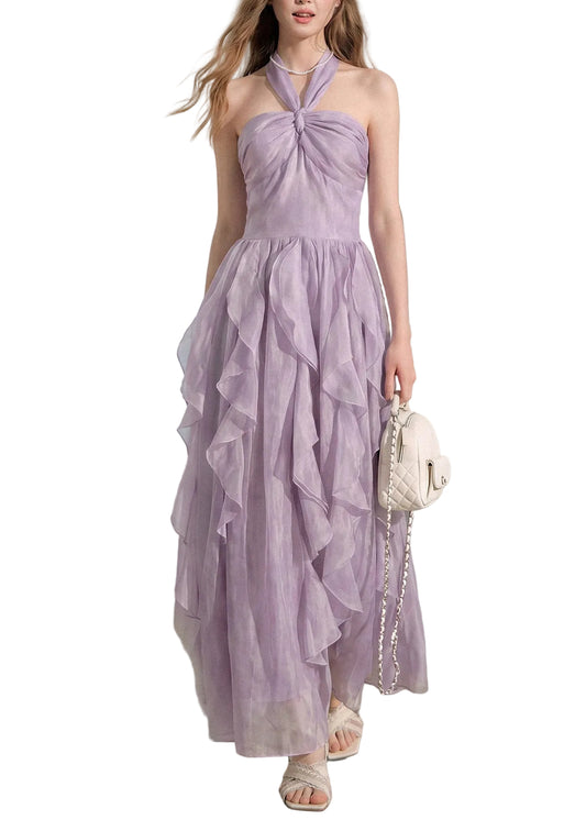 Women's Halter Dress Ruffled Patchwork Sleeveless 0