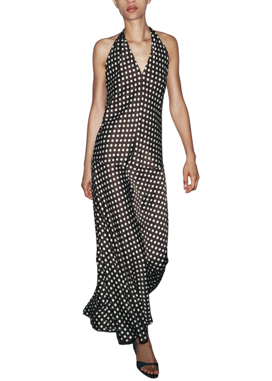 Women's Halter Dress V Neck Dot Print Ankle Length Sleeveless 0