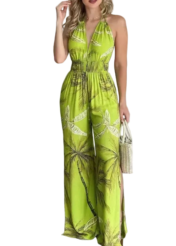 Women's Halter Jumpsuit Backless Print with Elastic Waist 0