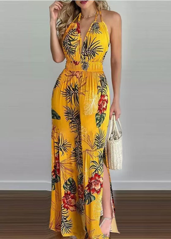 Women's Halter Jumpsuit Backless Print with Elastic Waist 1
