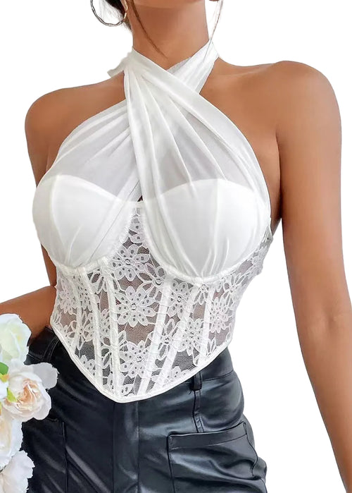 Women's Halter Tank Top Patchwork Lace Design 0