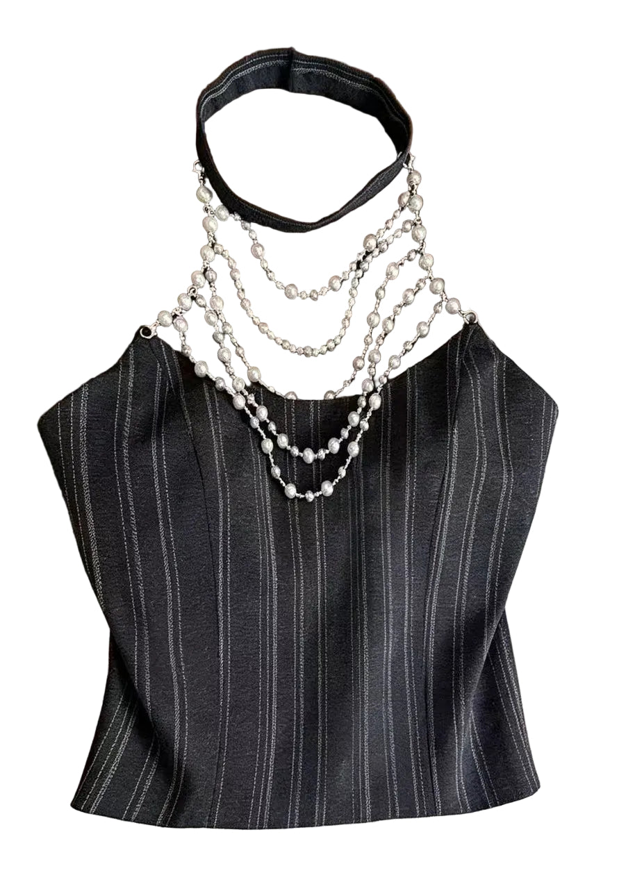 Women's Halter Top Striped Pearl Detail Summer Style 0