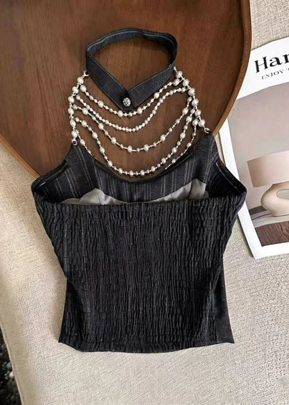 Women's Halter Top Striped Pearl Detail Summer Style 1