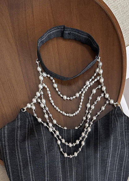 Women's Halter Top Striped Pearl Detail Summer Style 3