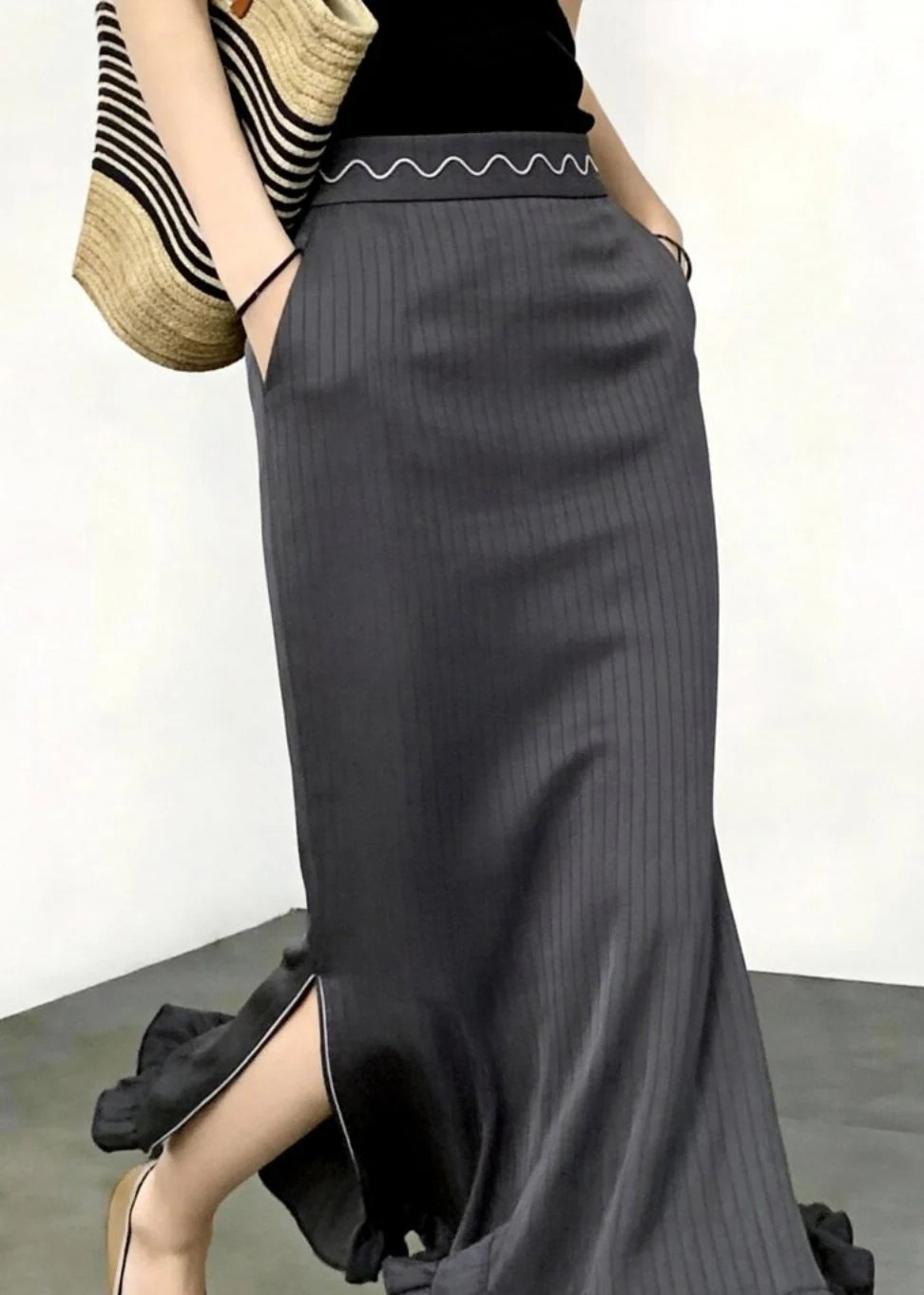 Women's High Waist Striped Mermaid Skirt with Pockets 1