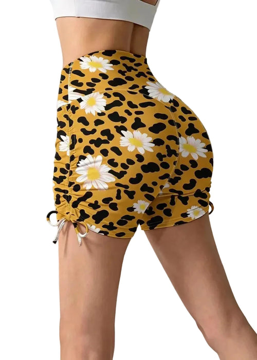 Women's High Waist Workout Shorts Leopard Daisy Print 0
