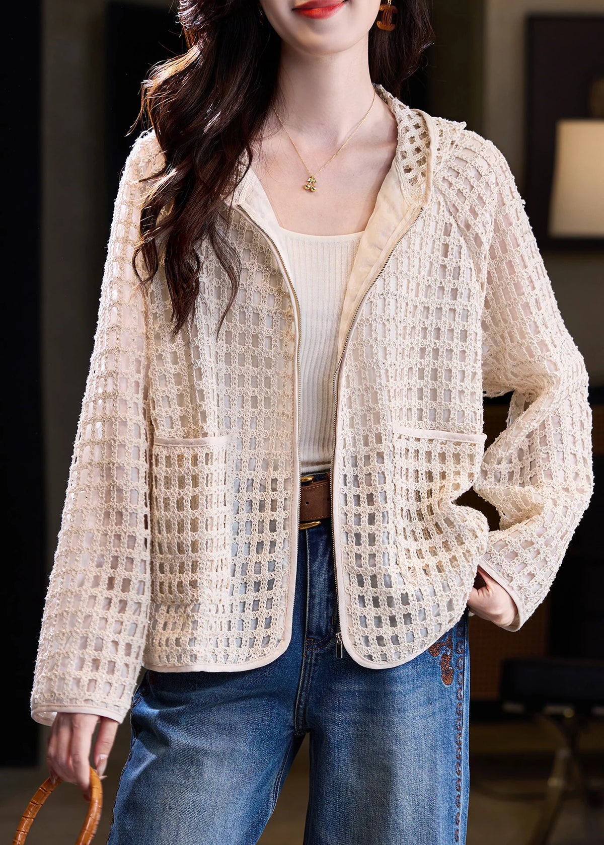 Women's Hooded Knit Coat Hollow Out Design 1