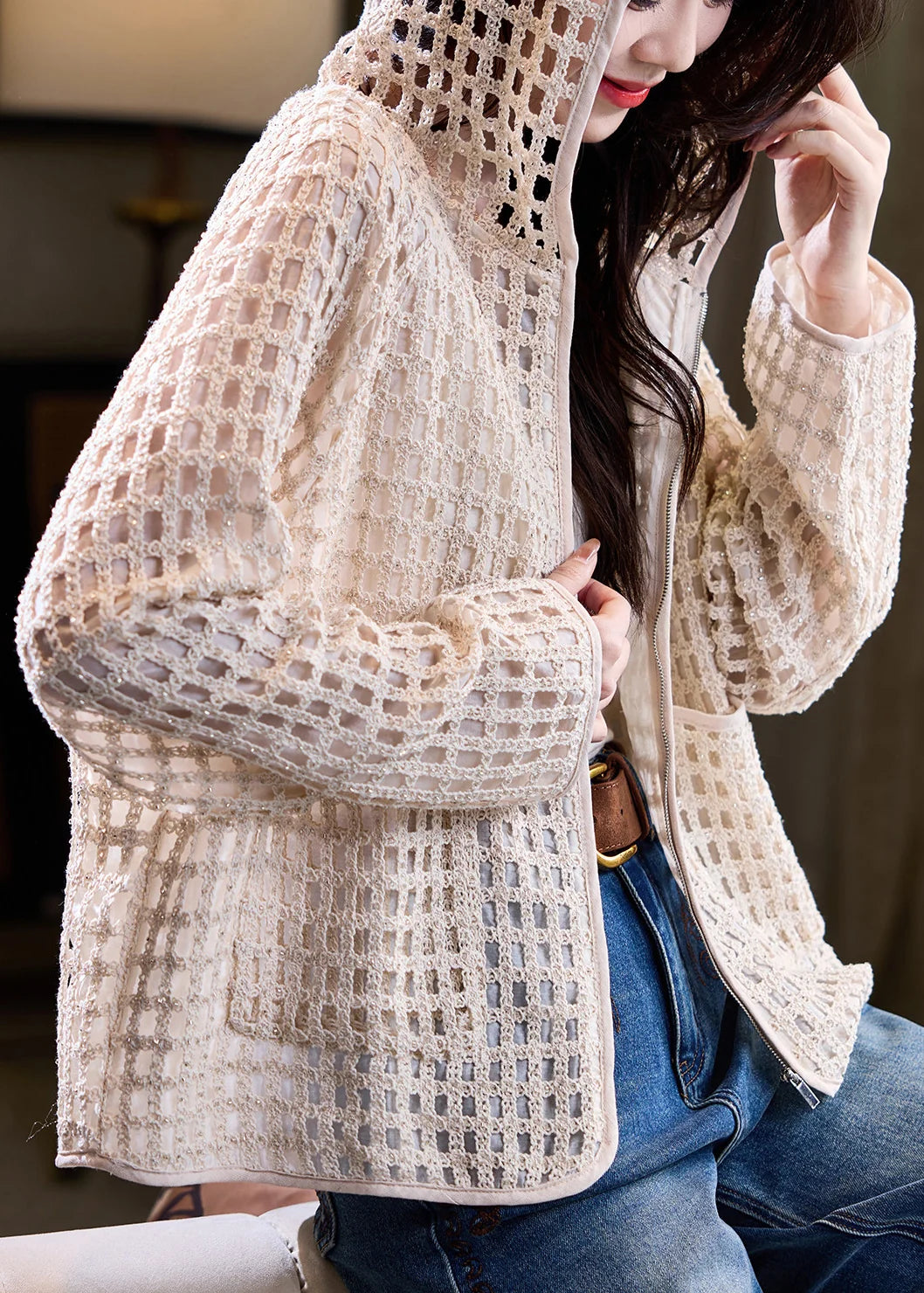 Women's Hooded Knit Coat Hollow Out Design 2