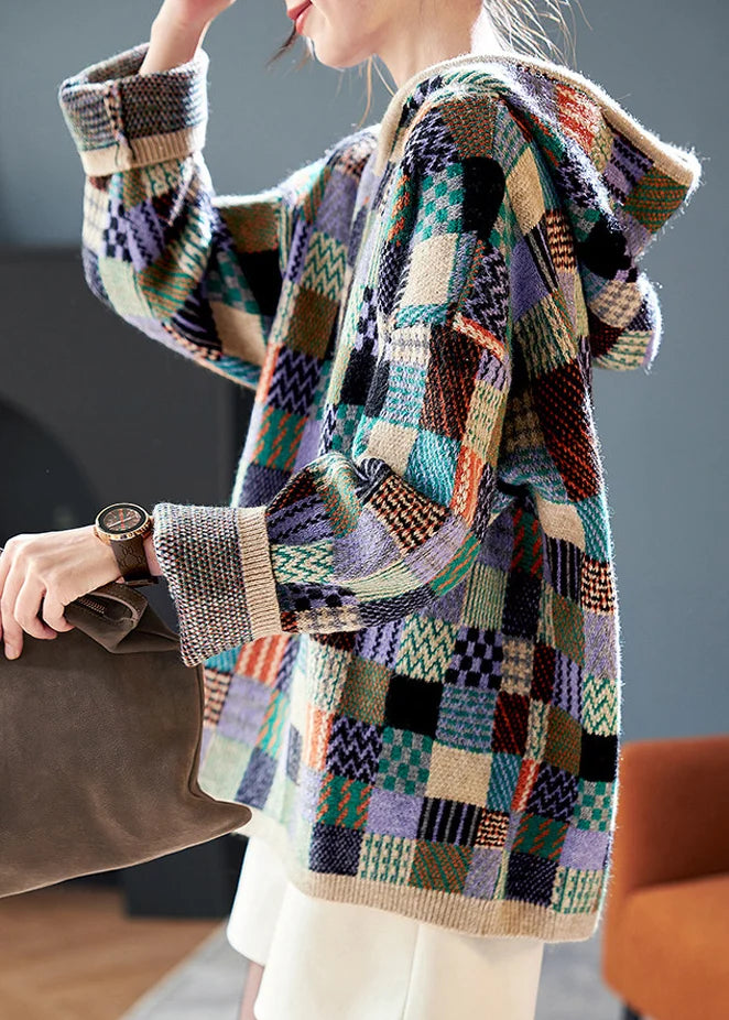 Women's Hooded Plaid Knit Pullover Colorblock Style 2