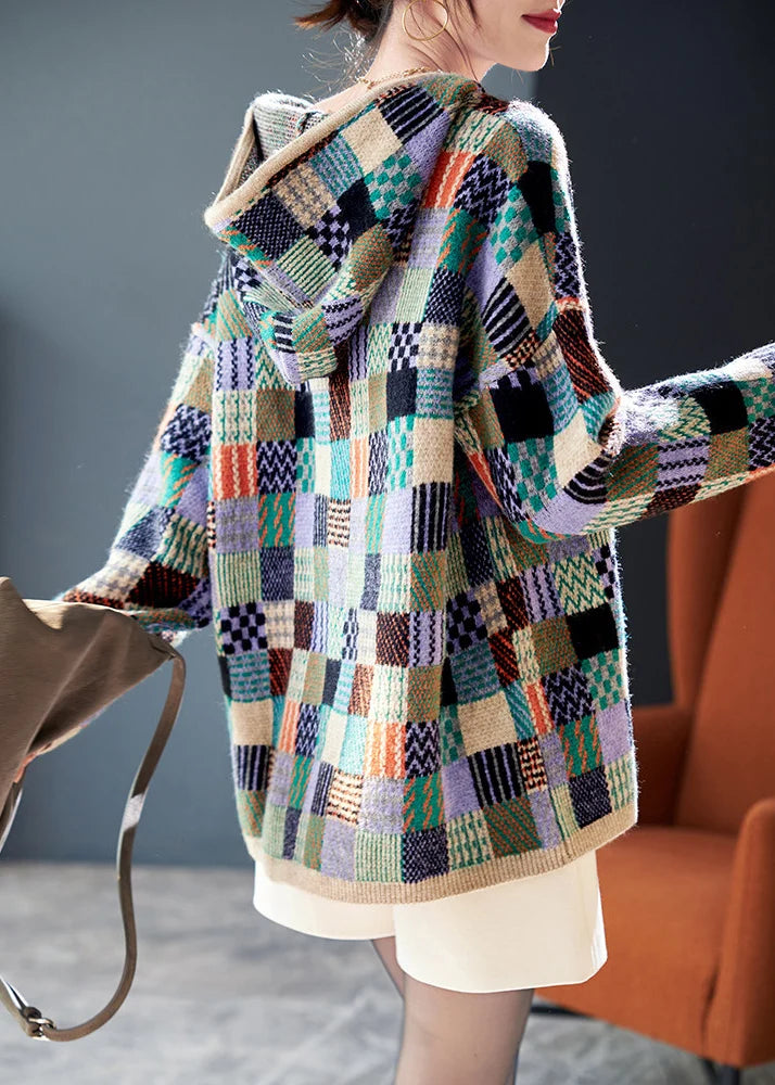 Women's Hooded Plaid Knit Pullover Colorblock Style 3