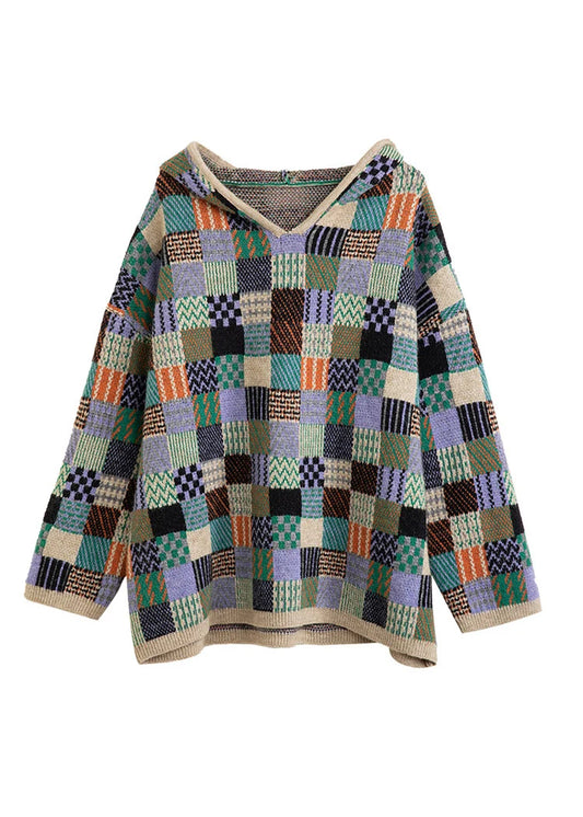 Women's Hooded Plaid Knit Pullover Colorblock Style 4