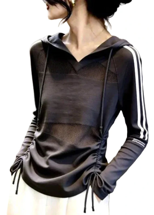 Women's Hooded Top Striped Patchwork Drawstring 0