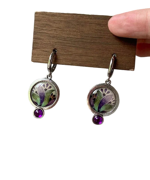Women's Hoop Earrings Floral Gem Stone Design 0