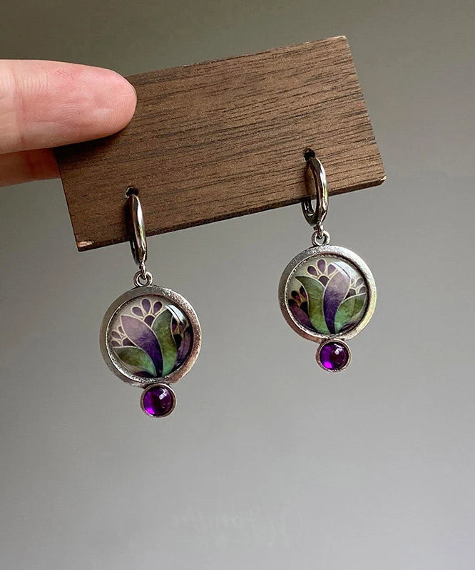 Women's Hoop Earrings Floral Gem Stone Design 1