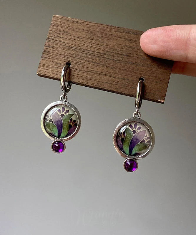 Women's Hoop Earrings Floral Gem Stone Design 4