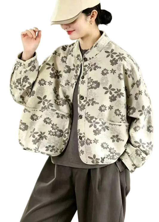Women’s Jacket Stand Collar Jacquard Loose Fit 0