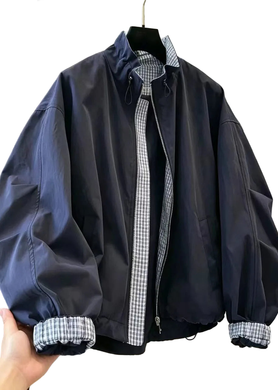 Women's Jacket Stand Collar Patchwork Plaid Drawstring 0
