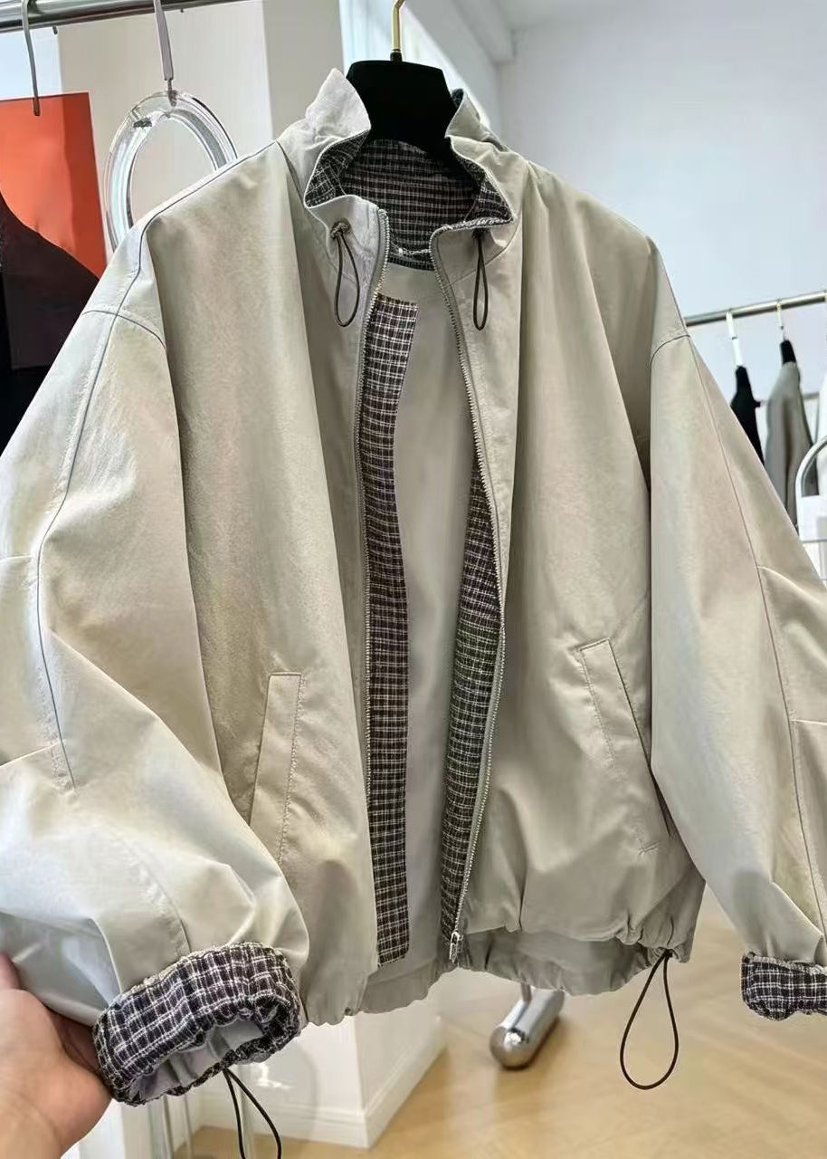 Women's Jacket Stand Collar Patchwork Plaid Drawstring 1