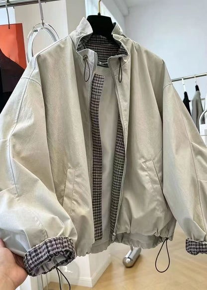 Women's Jacket Stand Collar Patchwork Plaid Drawstring 1