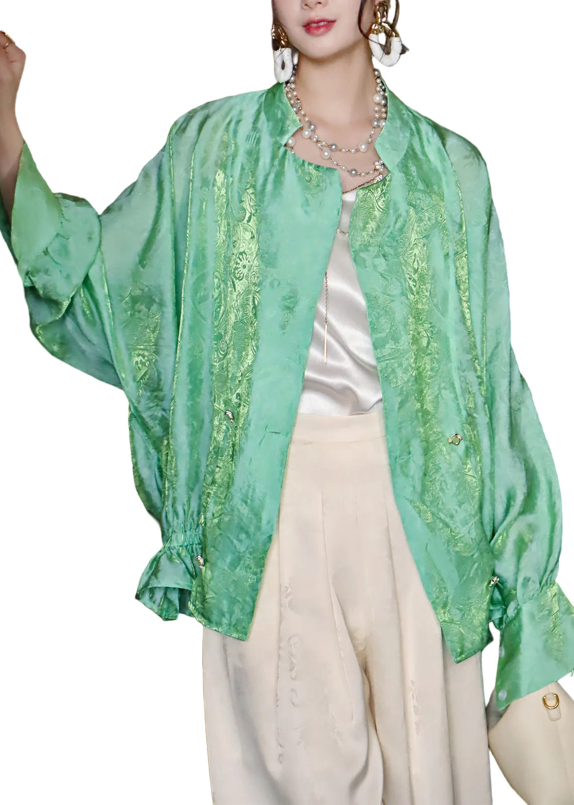 Women's Jacquard Coat Stand Collar Batwing Sleeve 0